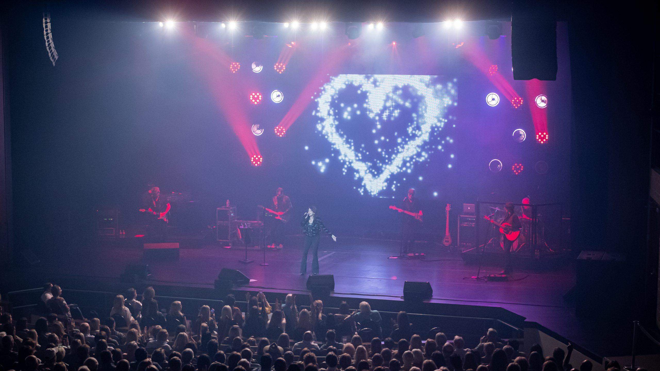 A band performing at a live concert with lights and large crowd at Bologna Performing Arts Center.